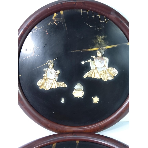 127 - Pair of round lacquered 3D oriental Mother of Pearl pictures