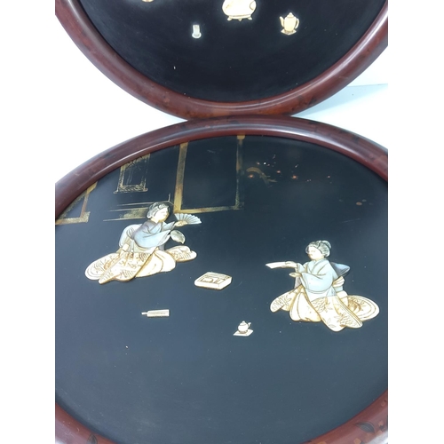 127 - Pair of round lacquered 3D oriental Mother of Pearl pictures