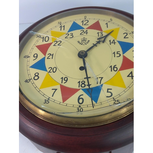 138 - Wooden cased wall clock with fusee movement with RAF dial (glass broken)