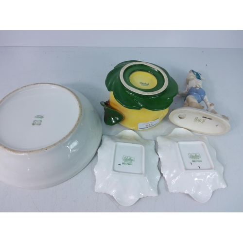 175 - 2 Shelley butter dishes, a figure of a boy, Goebel apple sauce pot and a Limoges child's warming pla... 