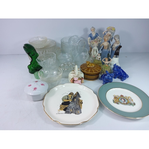 59 - 2 boxes of china, glass, figures and collectables, including, Fruit/trifle bowls, blue figures, ball... 