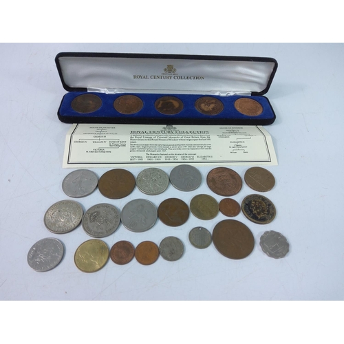 371 - Cased set of 5 pennies and a tin of coins