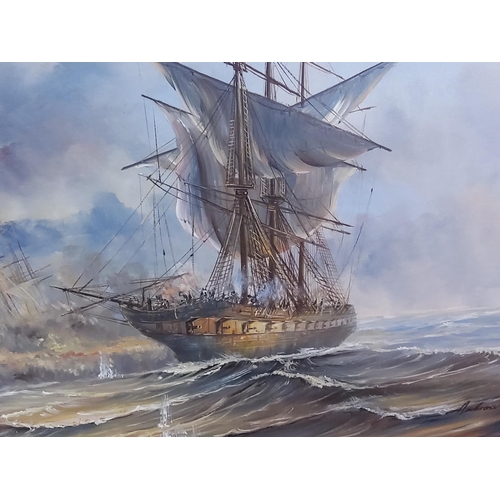 92 - Large framed oil on canvas of battleships, 100 x 70cms