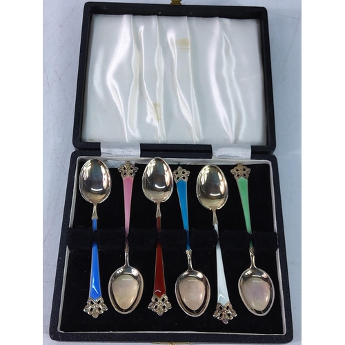 399 - Boxed set of 6 Sterling silver and enamel spoons, gross weight 53.9g