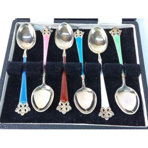 399 - Boxed set of 6 Sterling silver and enamel spoons, gross weight 53.9g