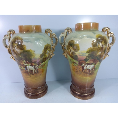 9 - Large pair of antique vases with country scene decoration, approx 38cms in height