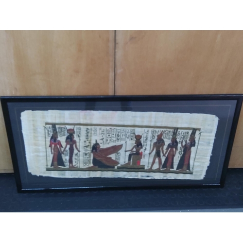 297 - Framed papyrus picture and 2 tribal pictures, largest being 99 x 49cms