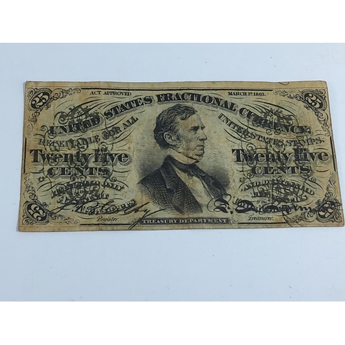 361 - United States 25 cents fractional currency note dated March 3rd 1863