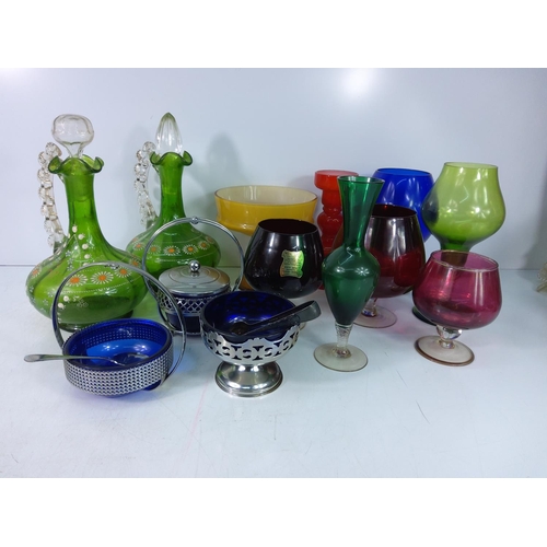 77 - Box of coloured glass including decanters