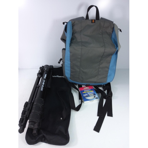 214 - Canon FS200 handycam plus camera rucksack and cased tripod