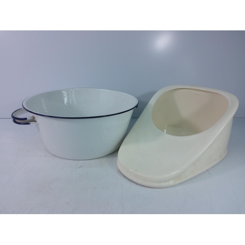 90 - Plates, enamel bowl and slipper pan