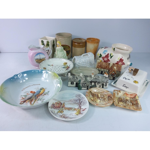 16 - China and collectables, glass shade and retro sewing box