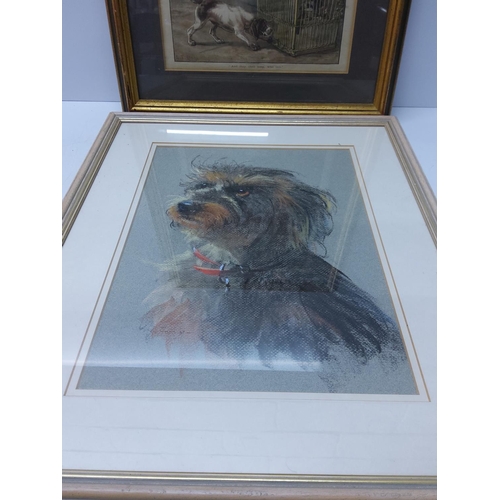 180 - Antique framed dog picture, a dog pastel and a gilt framed river scene