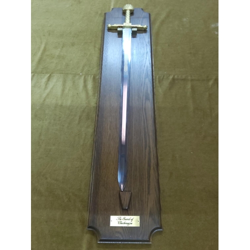 112 - Wooden mounted Franklin Mint Sword of Charlemagne, approx 113cms