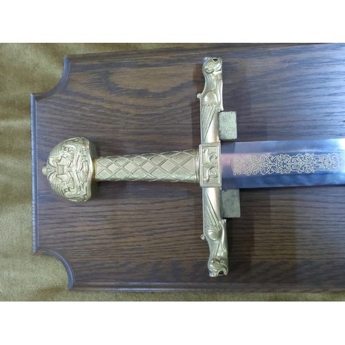 112 - Wooden mounted Franklin Mint Sword of Charlemagne, approx 113cms