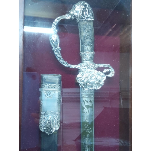 118 - Boxed and mounted Franklin Mint sword and sheath 'The Great Hunting Sword of King Ludwig II of Bavar... 