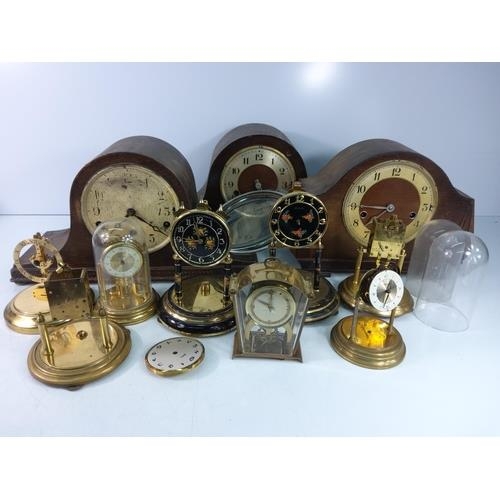 130 - 3 mantel clocks and qty of Anniversary clocks spares or repair, cork screws, cutlery, china, sundrie... 