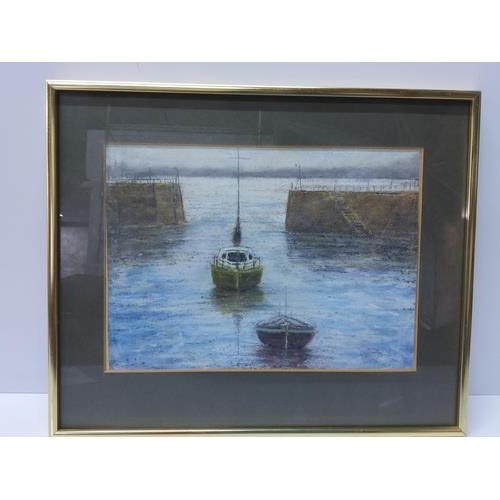 44 - Vintage Northern street scene pastel, maple framed French bicycle advertising picture, boat scene pa... 