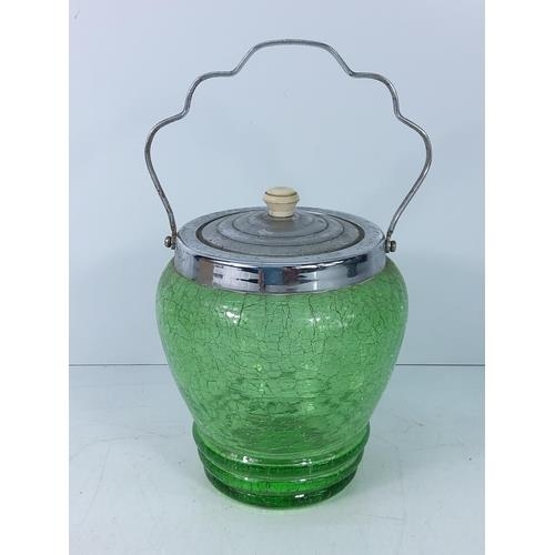 45 - 3 pieces of cut glass, vintage green crackle glass biscuit barrel and an obelisk thermometer