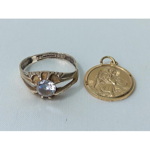 222 - 9ct gold stone set ring and a 9ct gold St Christopher, 5g, size P