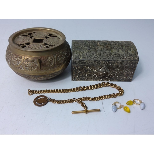 314 - Metal box, incense pot, Albert chain and earrings