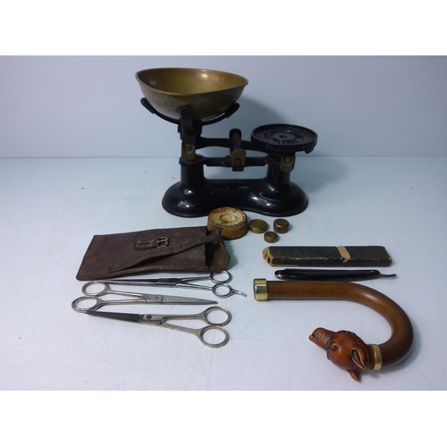 190 - Vintage scales, weights, hairdressing scissors, razor and umbrella handle