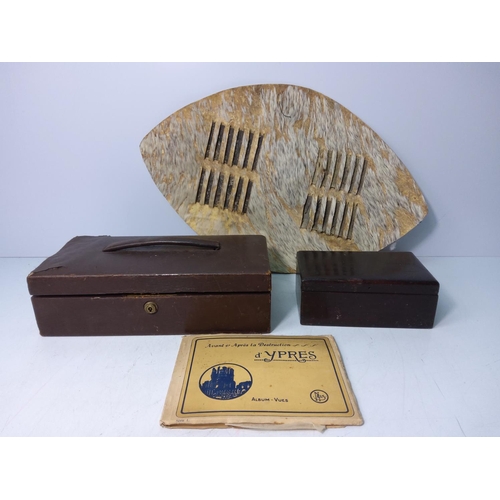 31 - Tribal style shield, leather case, wooden box and vintage postcards of Ypres