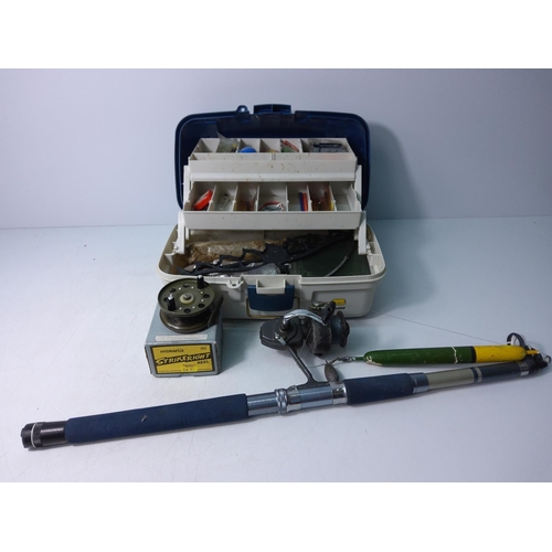 13 - Fishing box with contents, rod and reel