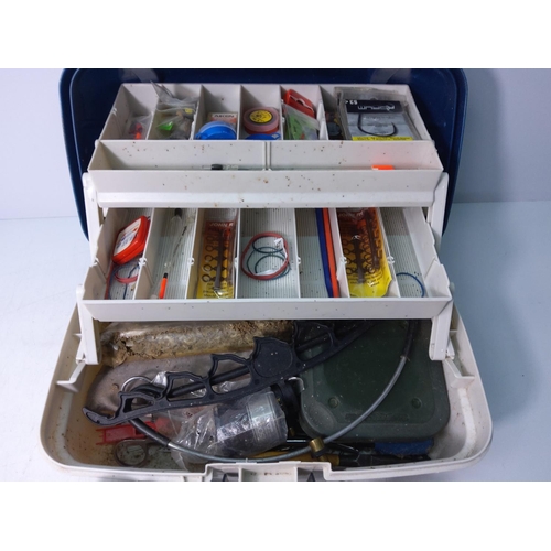 13 - Fishing box with contents, rod and reel