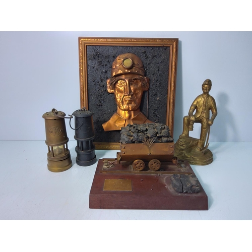 56 - Miners lamp, coal miners lamp, model mining wagon, copper mining picture and brass coal miner