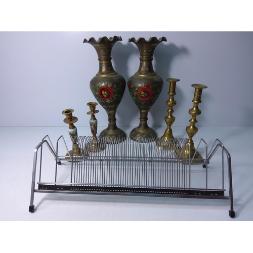 37 - 2 pairs of brass candlesticks, pair of brass vases and a metal rack