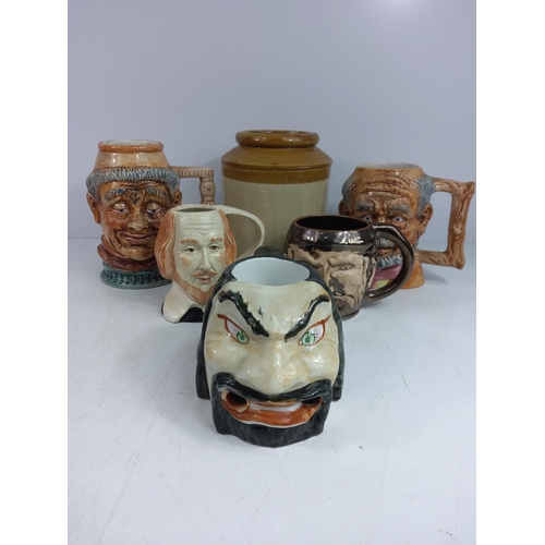 12 - Stoneware pot and character jugs