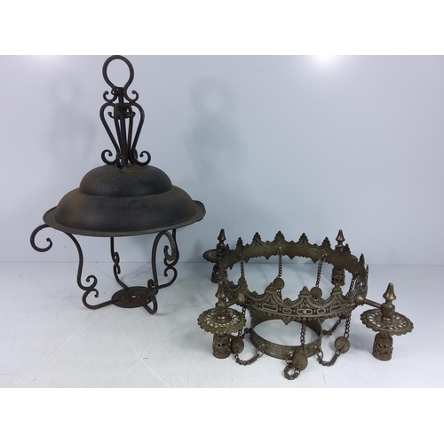 158 - Large vintage brass ceiling candelabra and an iron porch light