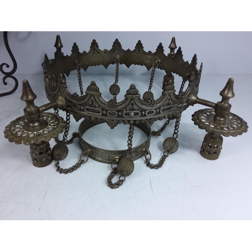 158 - Large vintage brass ceiling candelabra and an iron porch light