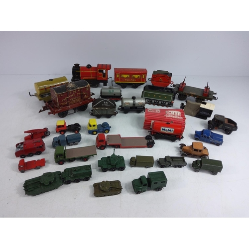 163 - Box of model vehicles including tin plate clockwork train