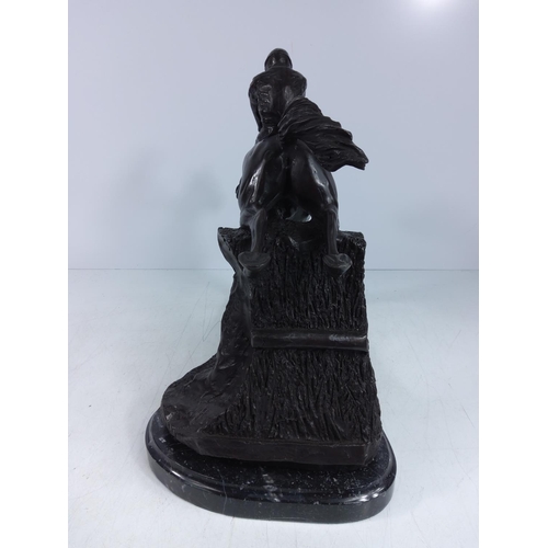 228 - Cast bronze figure of a jump jockey on marble base, 32 x 35cms