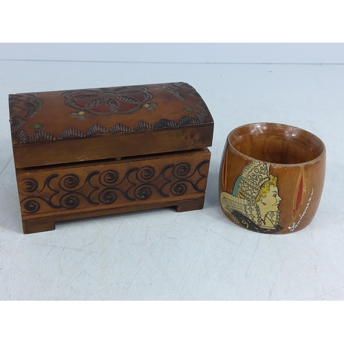 122 - Wooden box and painted napkin ring