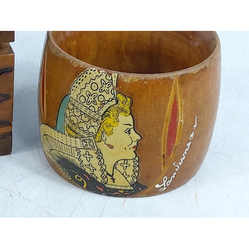 122 - Wooden box and painted napkin ring