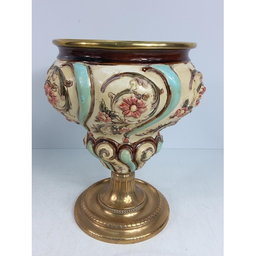 128 - Antique metal and porcelain oil lamp base, 24cms in height