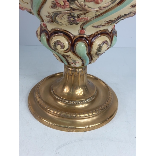 128 - Antique metal and porcelain oil lamp base, 24cms in height