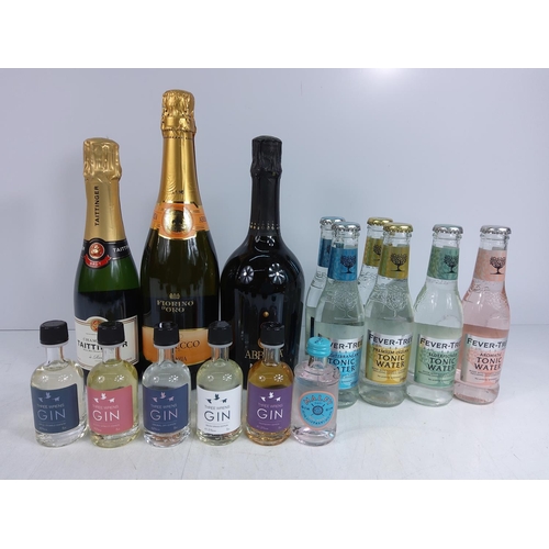 141 - Gin miniatures, mixers, Prosecco and Champagne