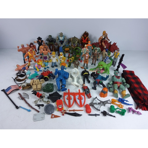 206 - Box of wrestlers and action figures including Ghostbuster characters, He-Man & Battle Cat, The Simps... 