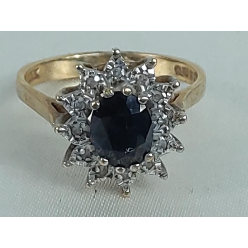 237 - 9ct gold sapphire diamond cluster ring, size O