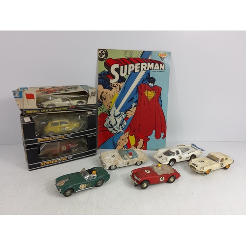 14 - Various vintage scalextric cars including boxed examples and a vintage Superman comic