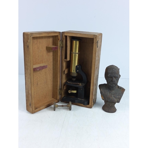 15 - Cast metal Royal bust and a vintage cased microscope