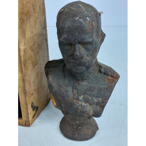 15 - Cast metal Royal bust and a vintage cased microscope