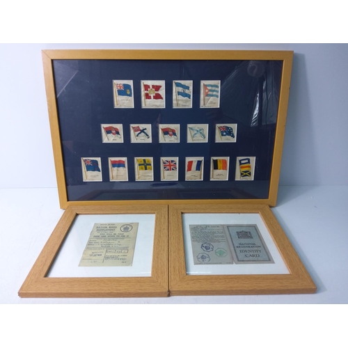 16 - Vintage framed ration book, identity card and silk cigarette cards