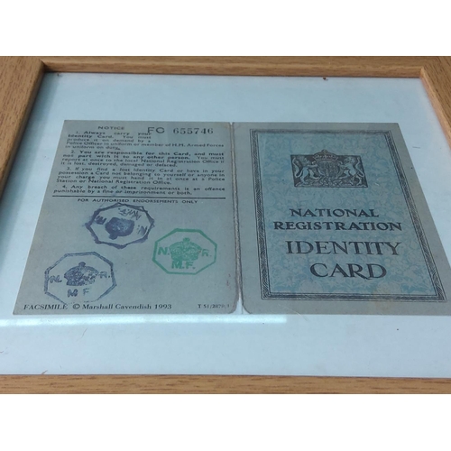 16 - Vintage framed ration book, identity card and silk cigarette cards