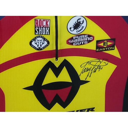 110 - Mounted Gary Fisher racing jersey signed, 102 x 84cms