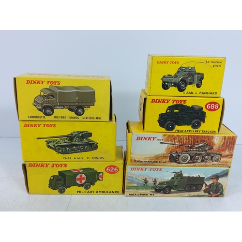 99 - 7 various boxed Dinky military vehicles, model no's 814, 821, 688, 817, 827, 626 & 822